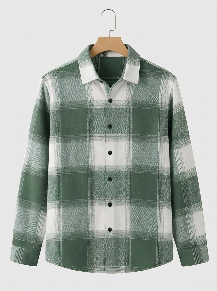 Olive Green Plaid Flannel Oversized Shirt for Men – Casual Long Sleeve Button-Down Shacket