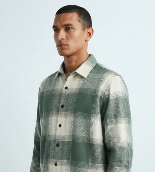 Olive Green Plaid Flannel Oversized Shirt for Men – Casual Long Sleeve Button-Down Shacket